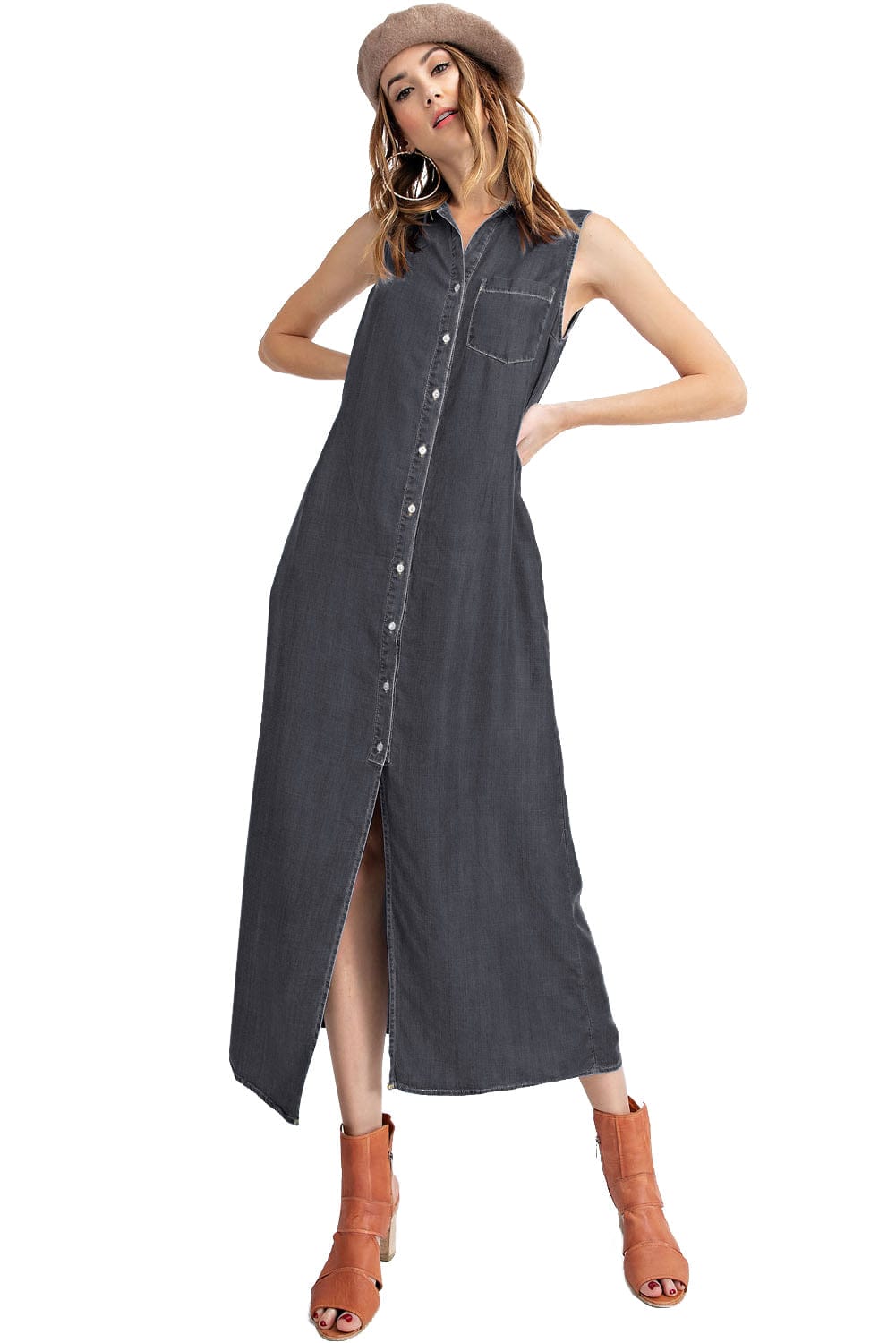 Vestido camisero vaquero clásico con cuello abotonado