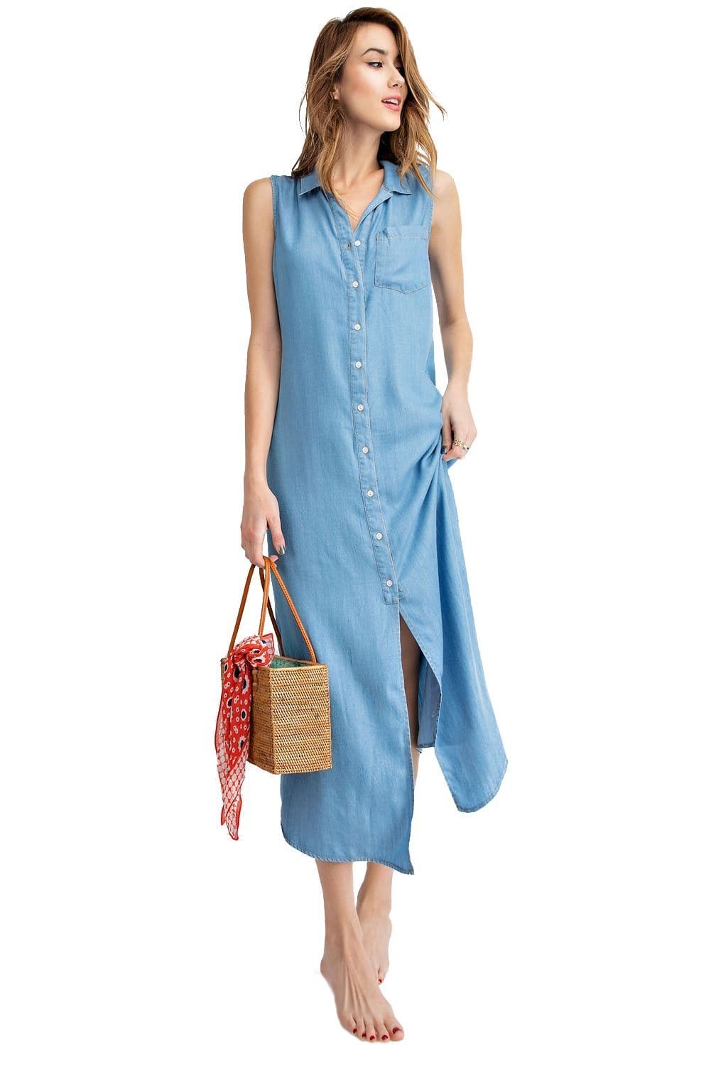 Vestido camisero vaquero clásico con cuello abotonado