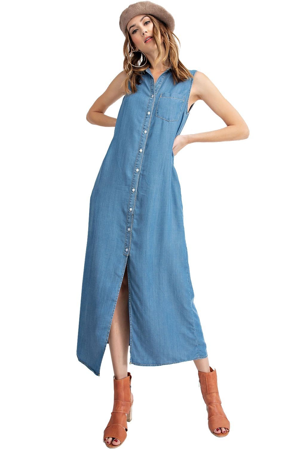 Vestido camisero vaquero clásico con cuello abotonado