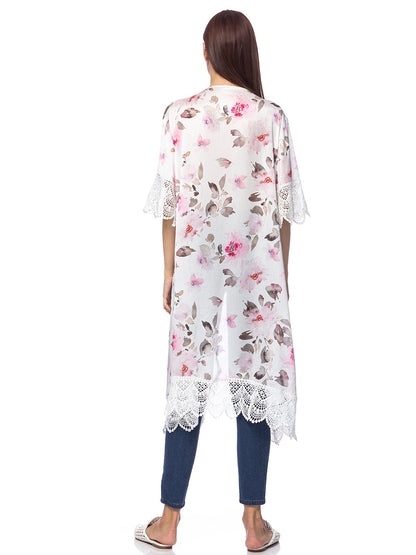 Kimono largo con bordado de encaje floral