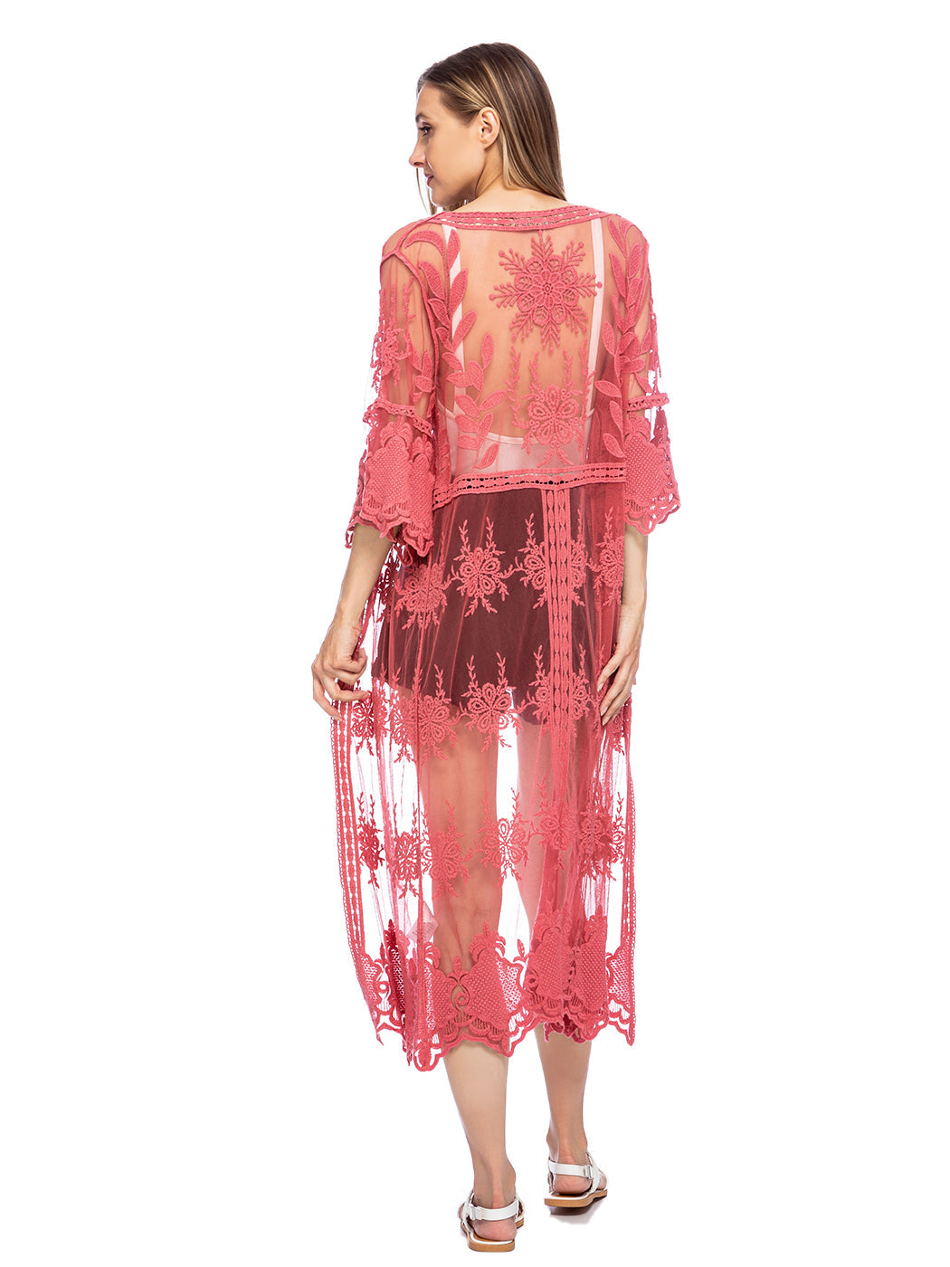 Kimono largo con bordado de encaje floral