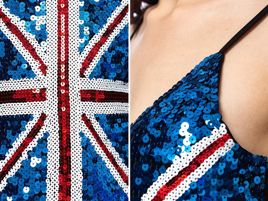 Vestido británico con lentejuelas y poder británico