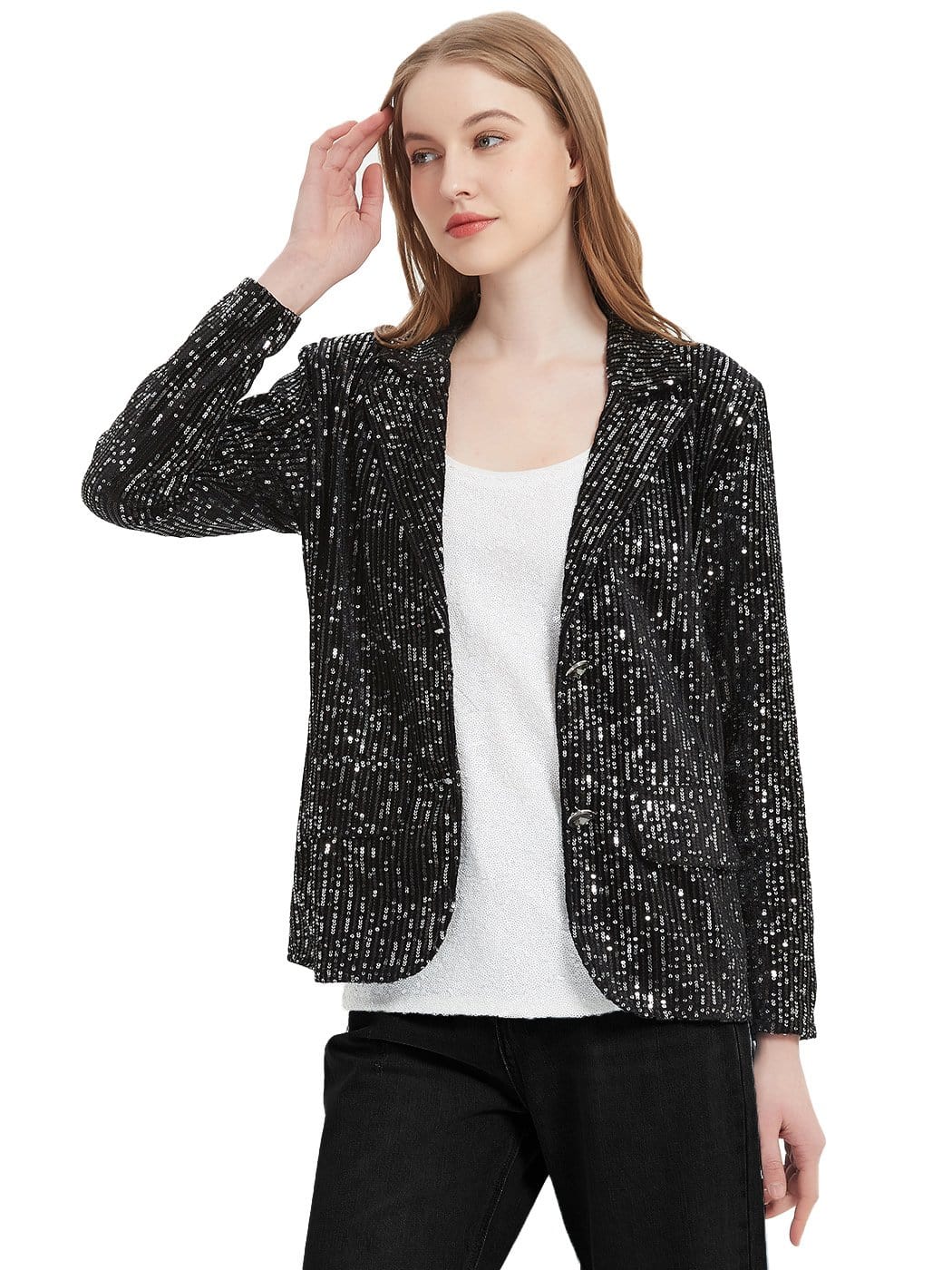 Women Open Front Sequins Jacket Puff Long Sleeve Short Blazer Club