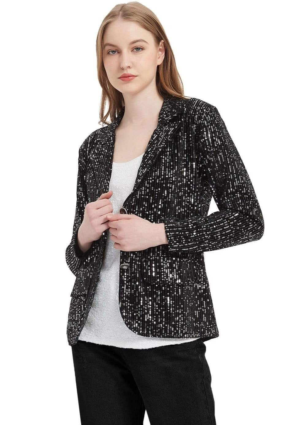 Notched Collar Sequin Jacket | Laura
