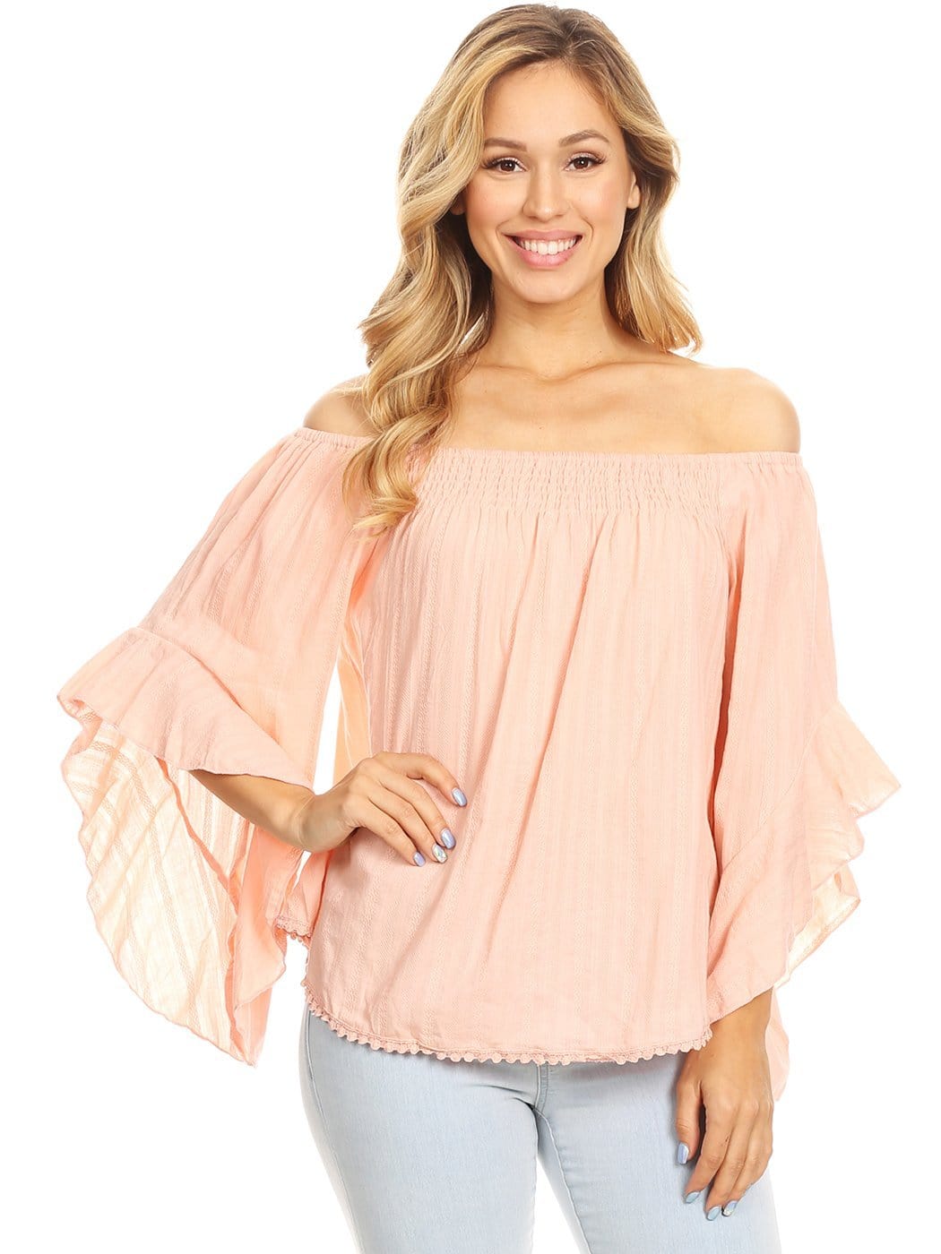 Blusa con hombros descubiertos y mangas acampanadas