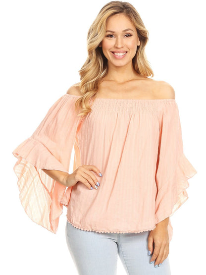 Blusa con hombros descubiertos y mangas acampanadas