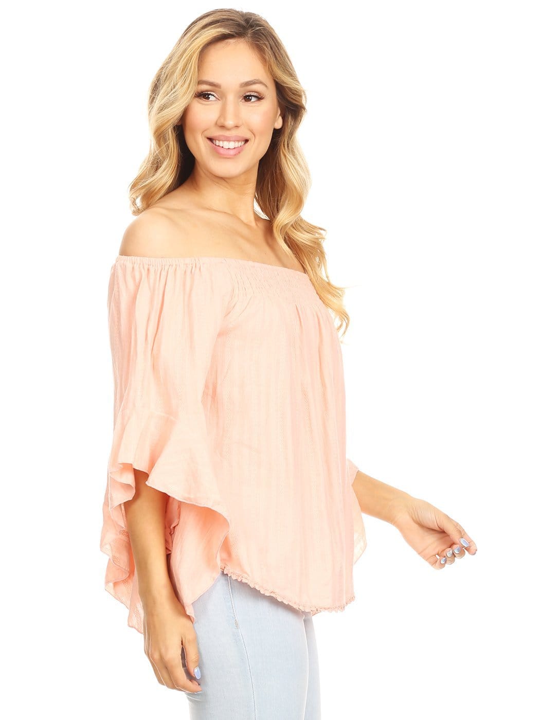 Blusa con hombros descubiertos y mangas acampanadas