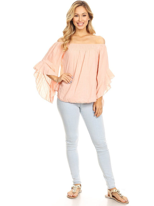 Blusa con hombros descubiertos y mangas acampanadas