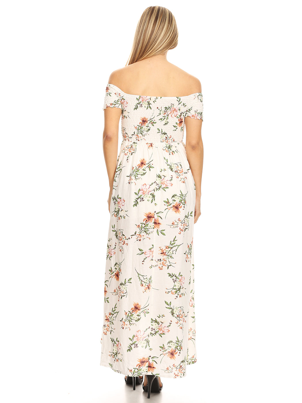 Vestido largo informal con hombros descubiertos y estampado floral
