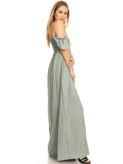 Vestido largo con abertura y mangas cortas con volantes