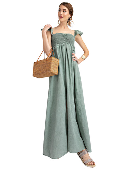 Vestido largo con abertura y mangas cortas con volantes