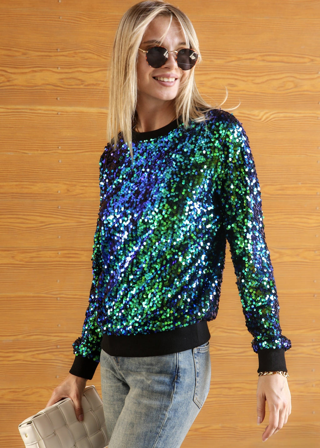 Sudadera con capucha y mangas largas con lentejuelas brillantes 