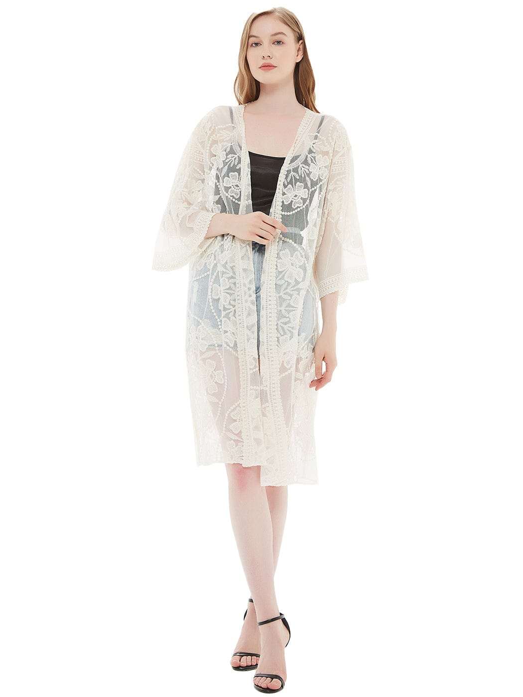 Cárdigan tipo kimono con bordado floral y mariposas