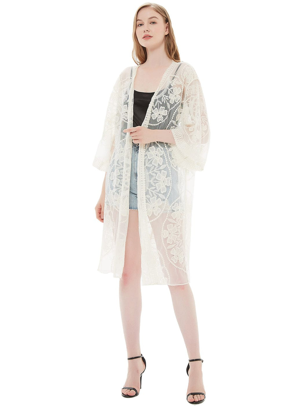 Cárdigan tipo kimono con bordado floral y mariposas