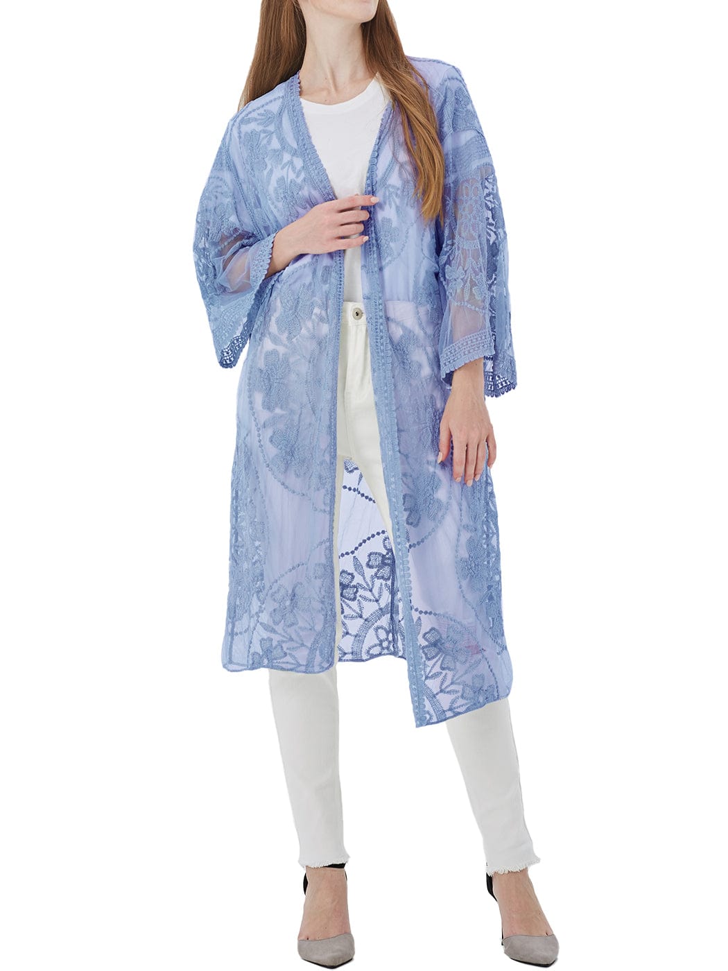 Cárdigan tipo kimono con bordado floral y mariposas