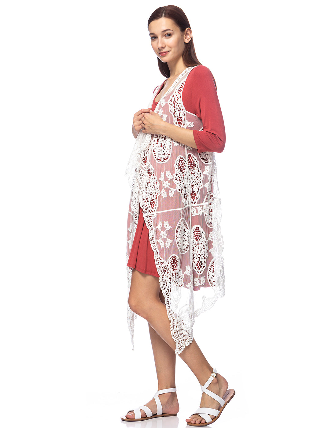 Chaleco tipo cárdigan bohemio con encaje floral 