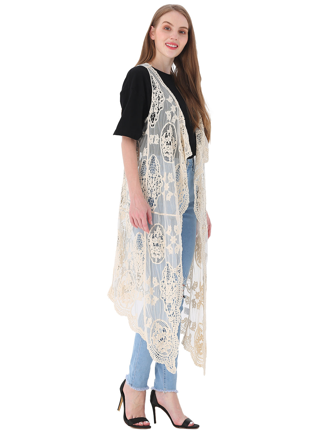 Chaleco tipo cárdigan bohemio con encaje floral 