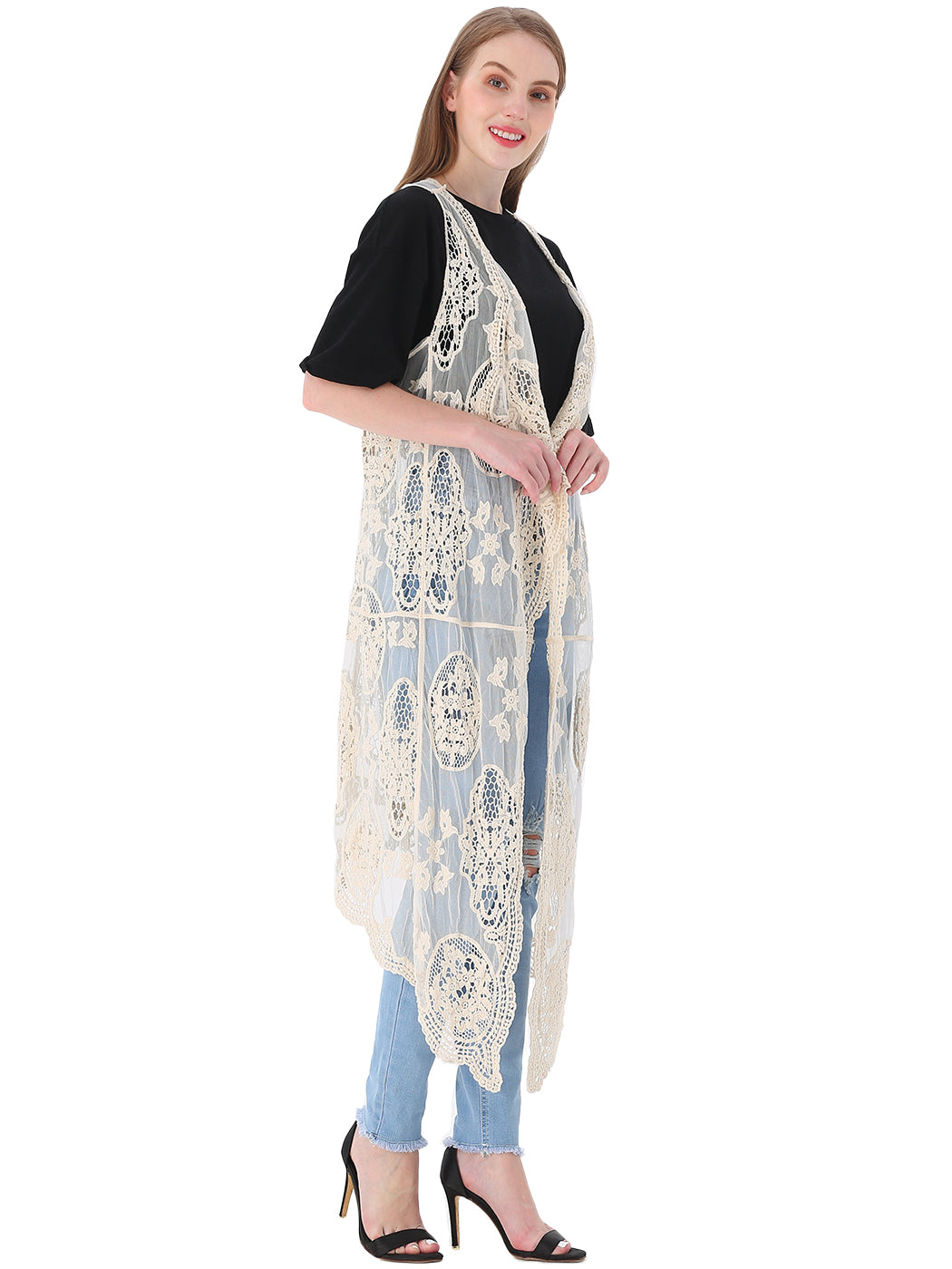 Chaleco tipo cárdigan bohemio con encaje floral 