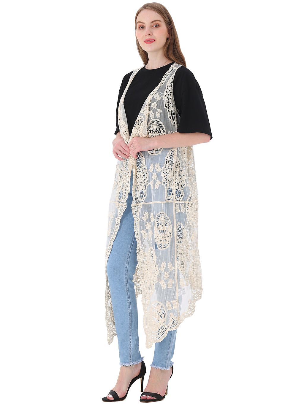 Chaleco tipo cárdigan bohemio con encaje floral 