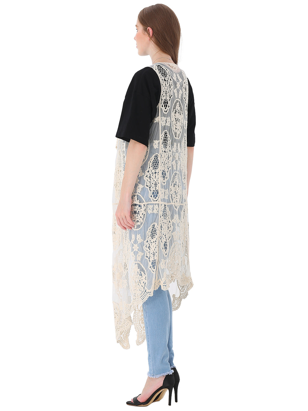 Chaleco tipo cárdigan bohemio con encaje floral 