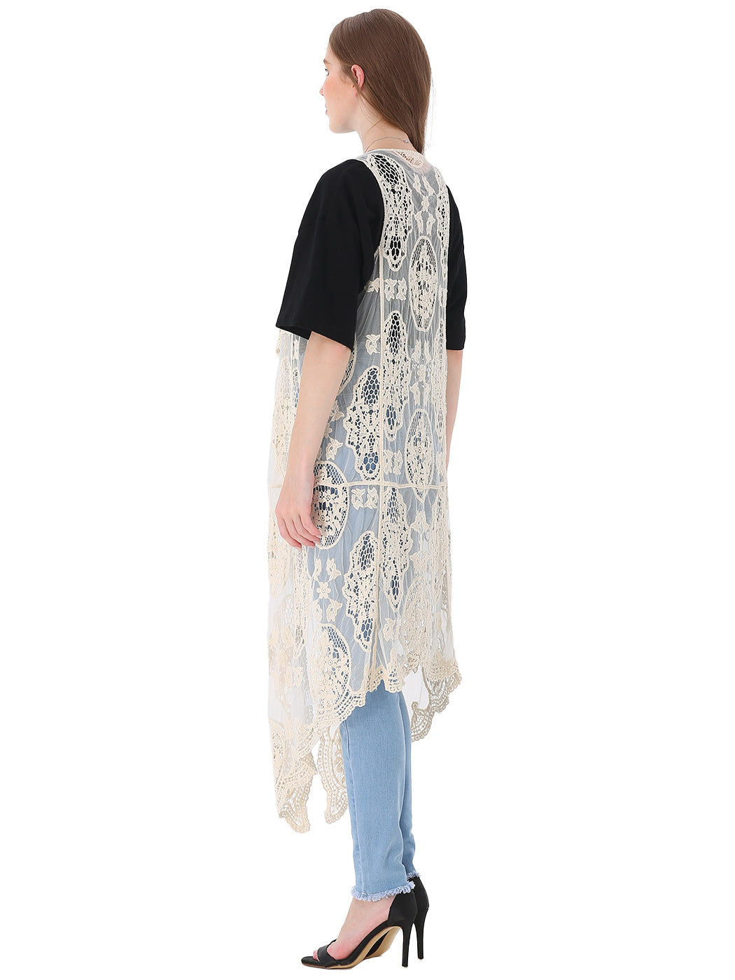 Chaleco tipo cárdigan bohemio con encaje floral 