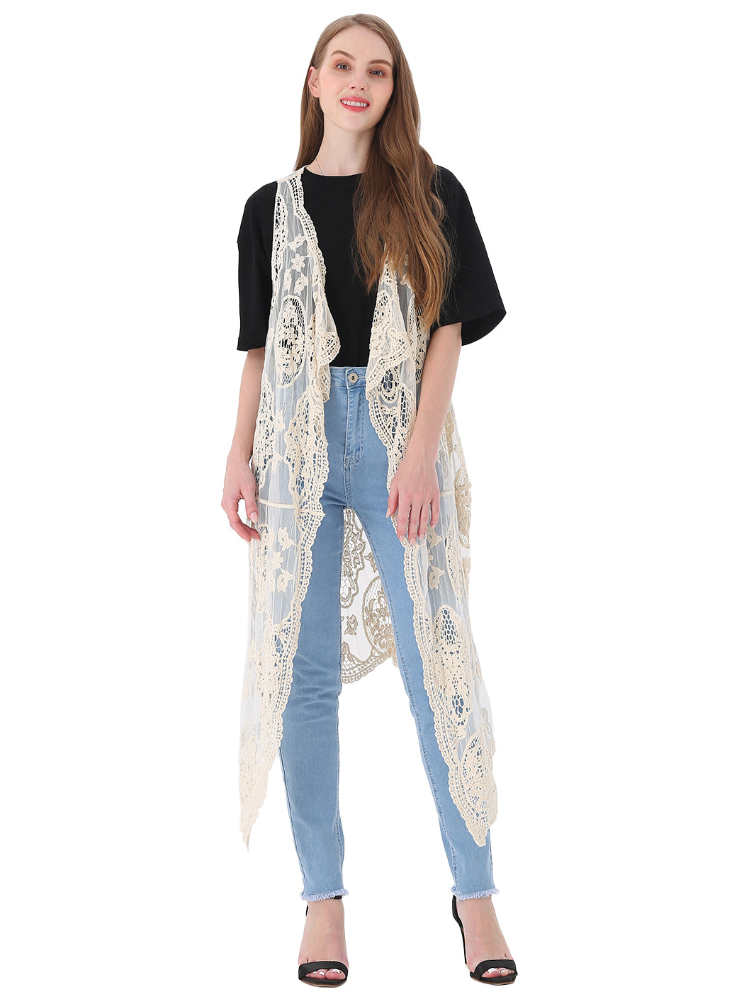 Chaleco tipo cárdigan bohemio con encaje floral 