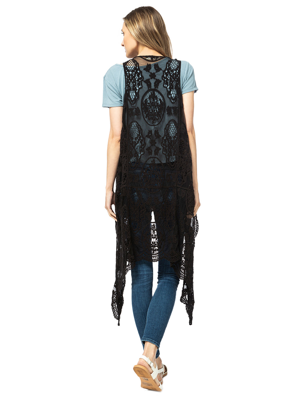 Chaleco tipo cárdigan bohemio con encaje floral 