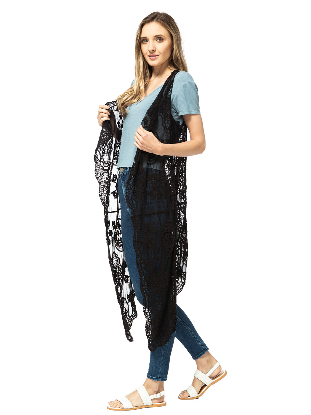 Chaleco tipo cárdigan bohemio con encaje floral 