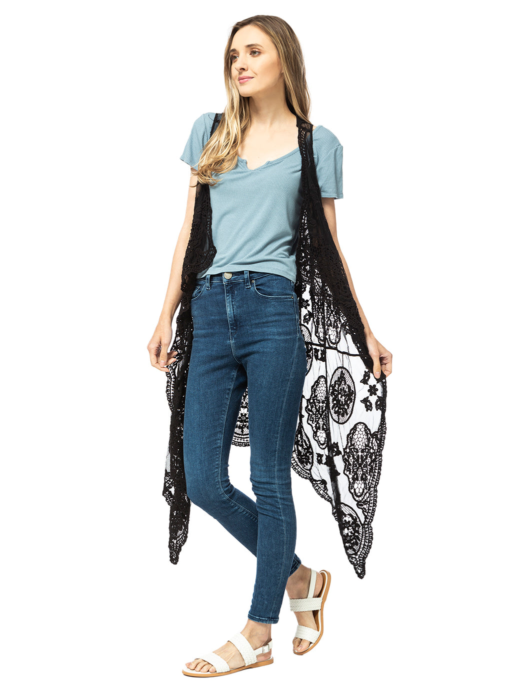 Chaleco tipo cárdigan bohemio con encaje floral 