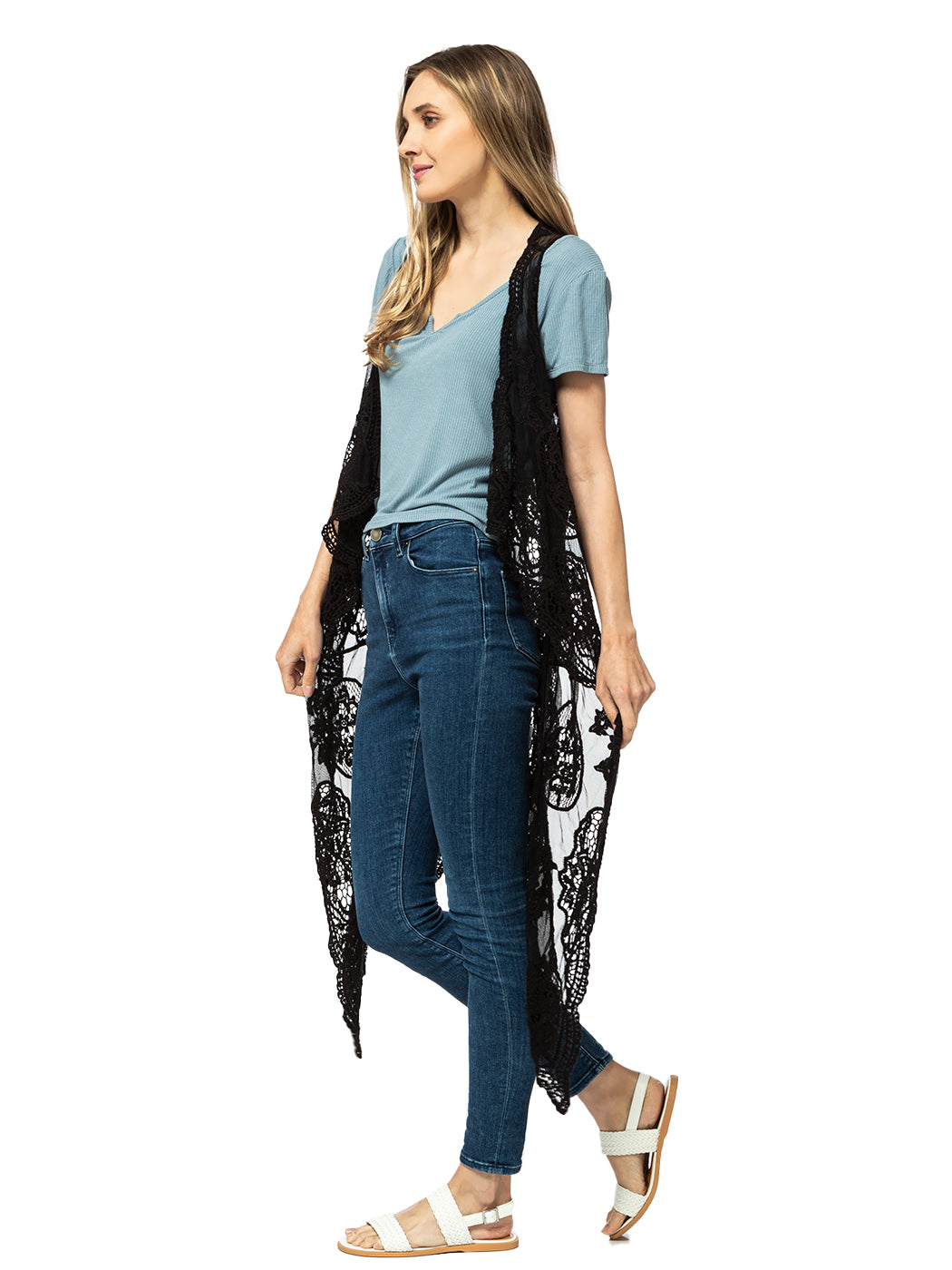 Chaleco tipo cárdigan bohemio con encaje floral 