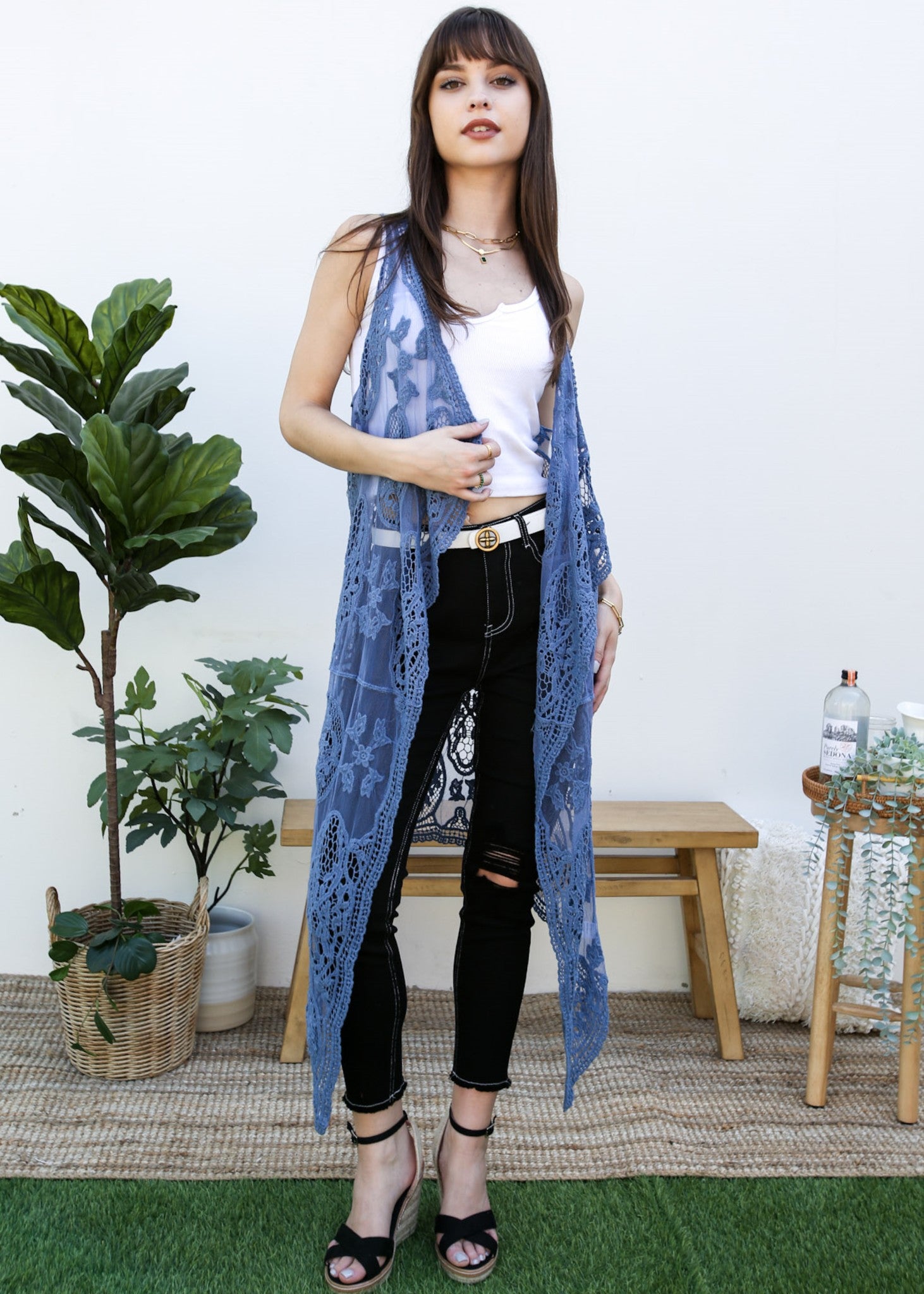 Chaleco tipo cárdigan bohemio con encaje floral 