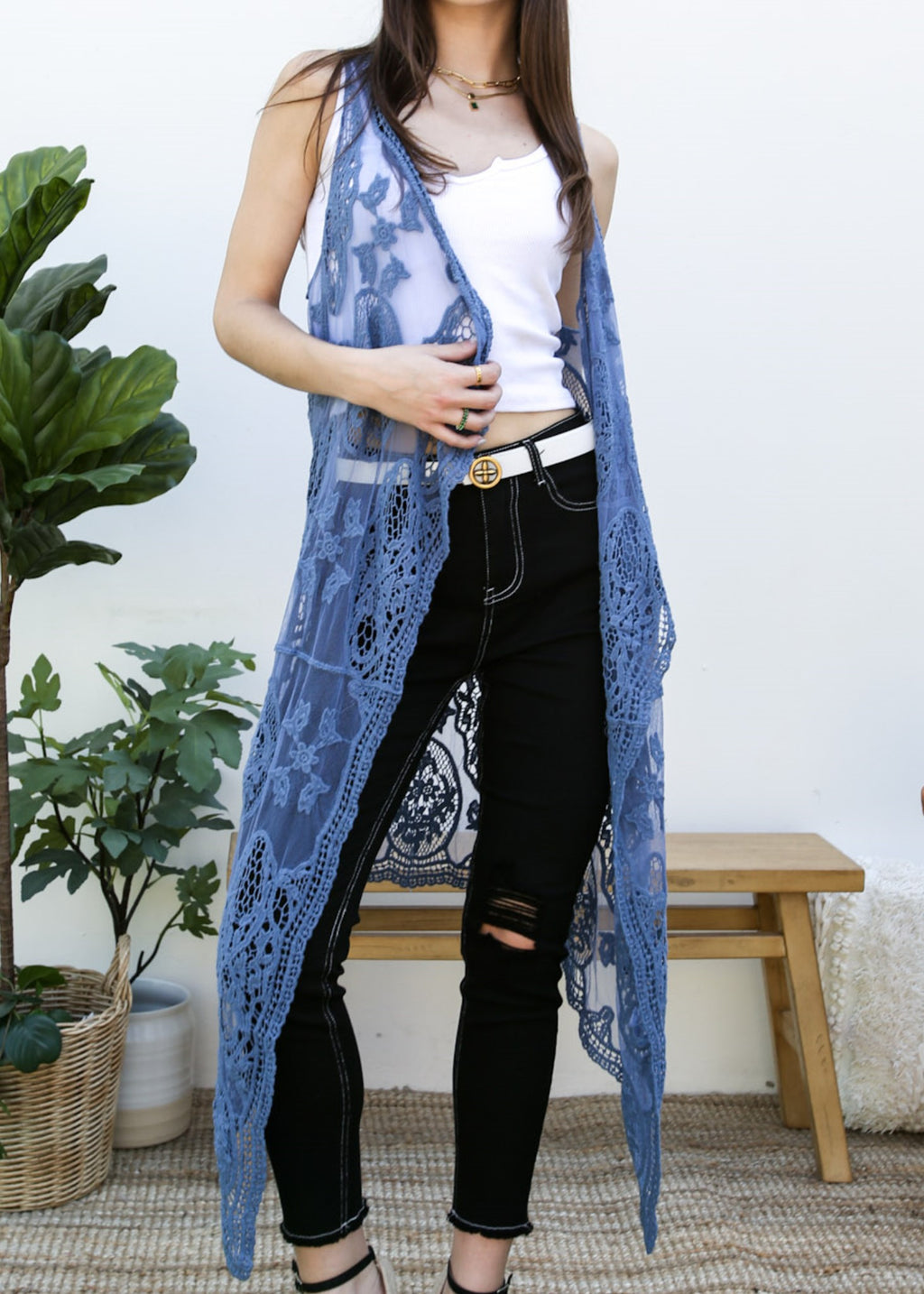Chaleco tipo cárdigan bohemio con encaje floral 