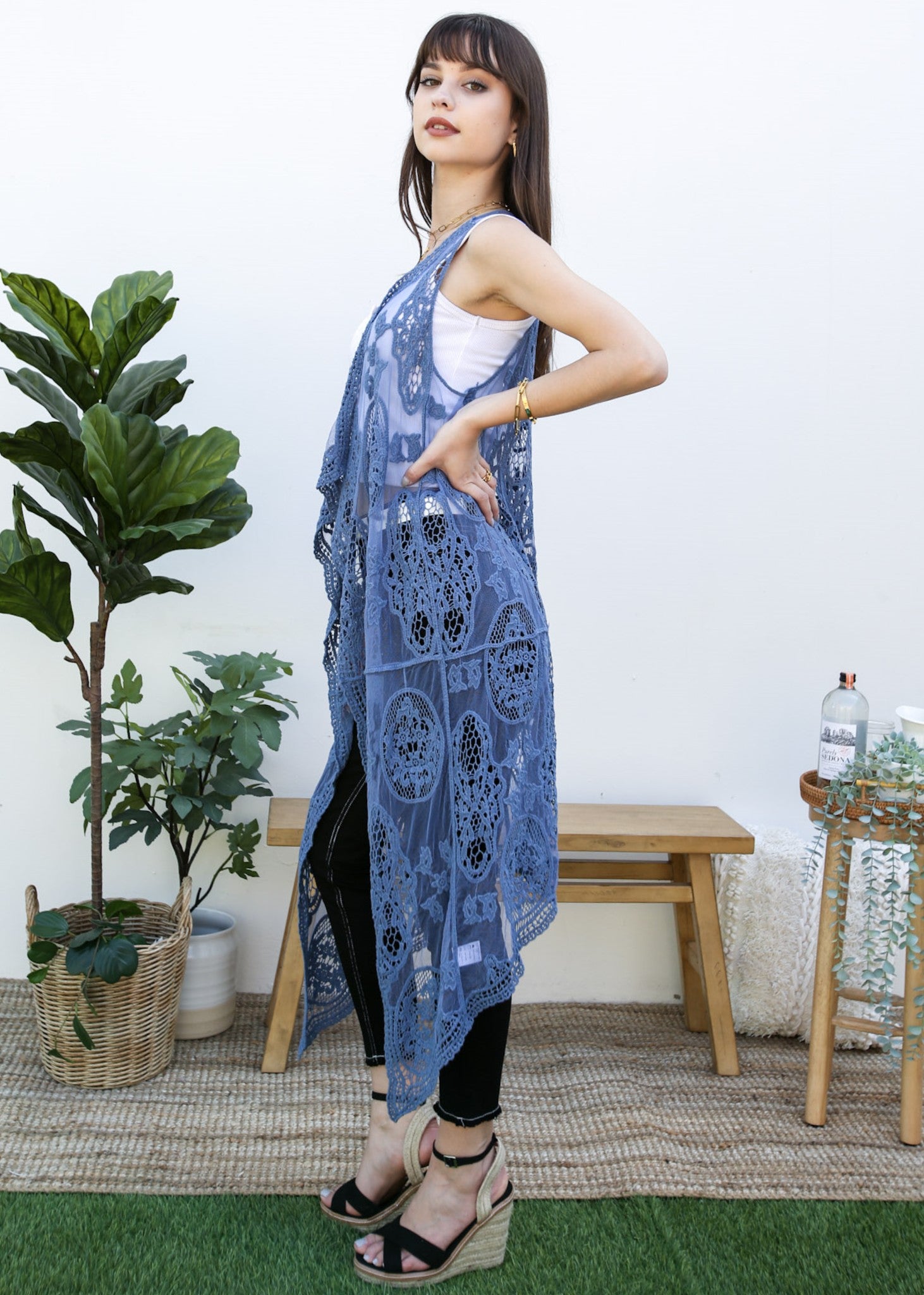 Chaleco tipo cárdigan bohemio con encaje floral 