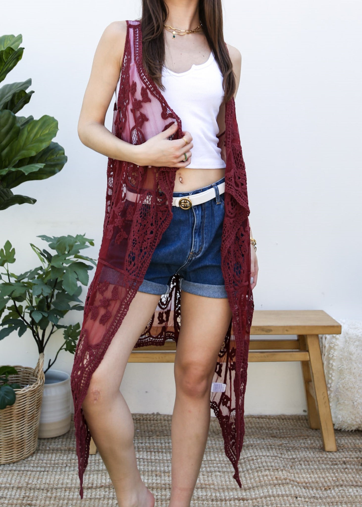 Chaleco tipo cárdigan bohemio con encaje floral 