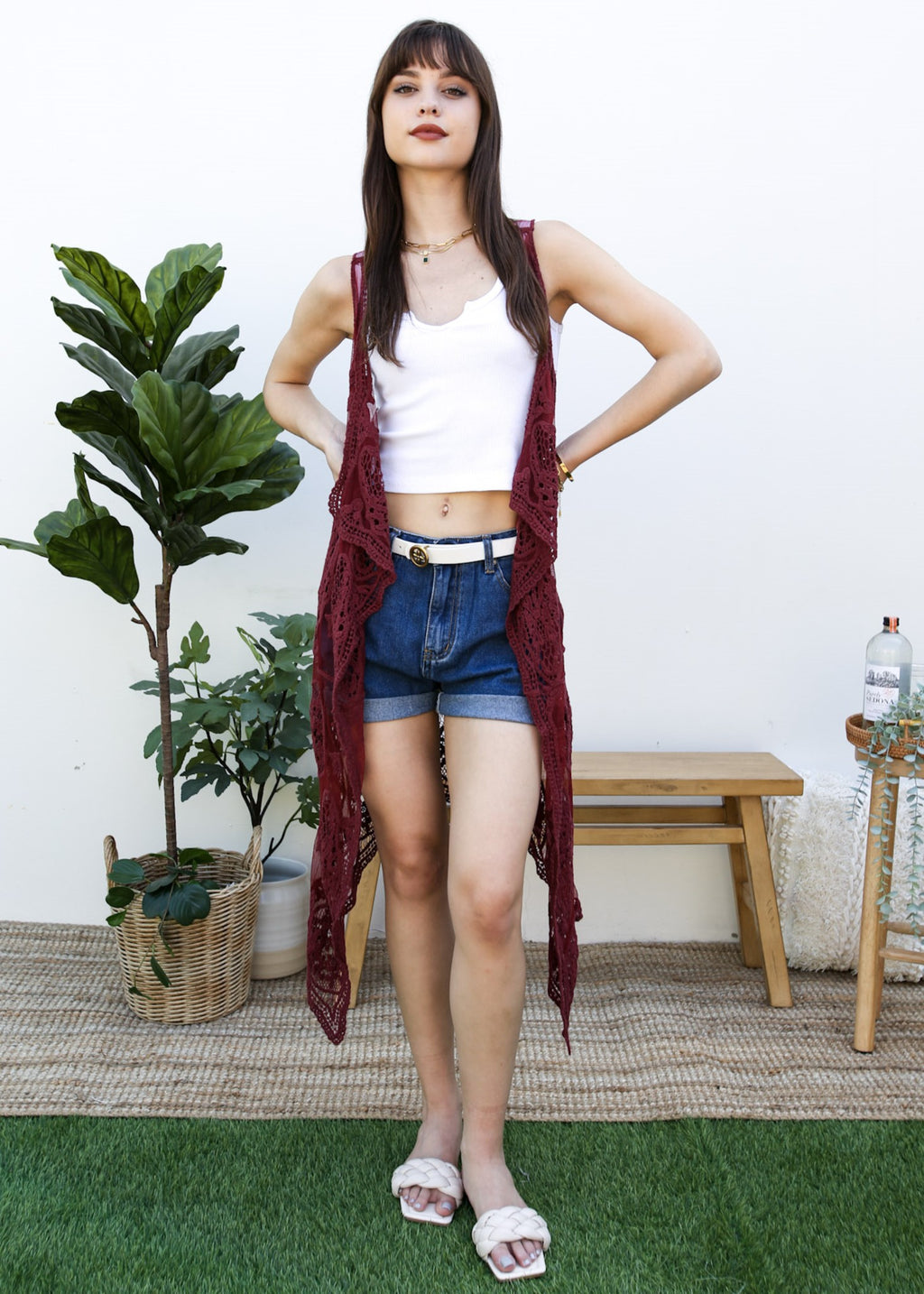 Chaleco tipo cárdigan bohemio con encaje floral 