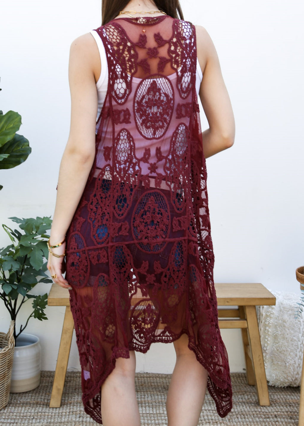 Chaleco tipo cárdigan bohemio con encaje floral 