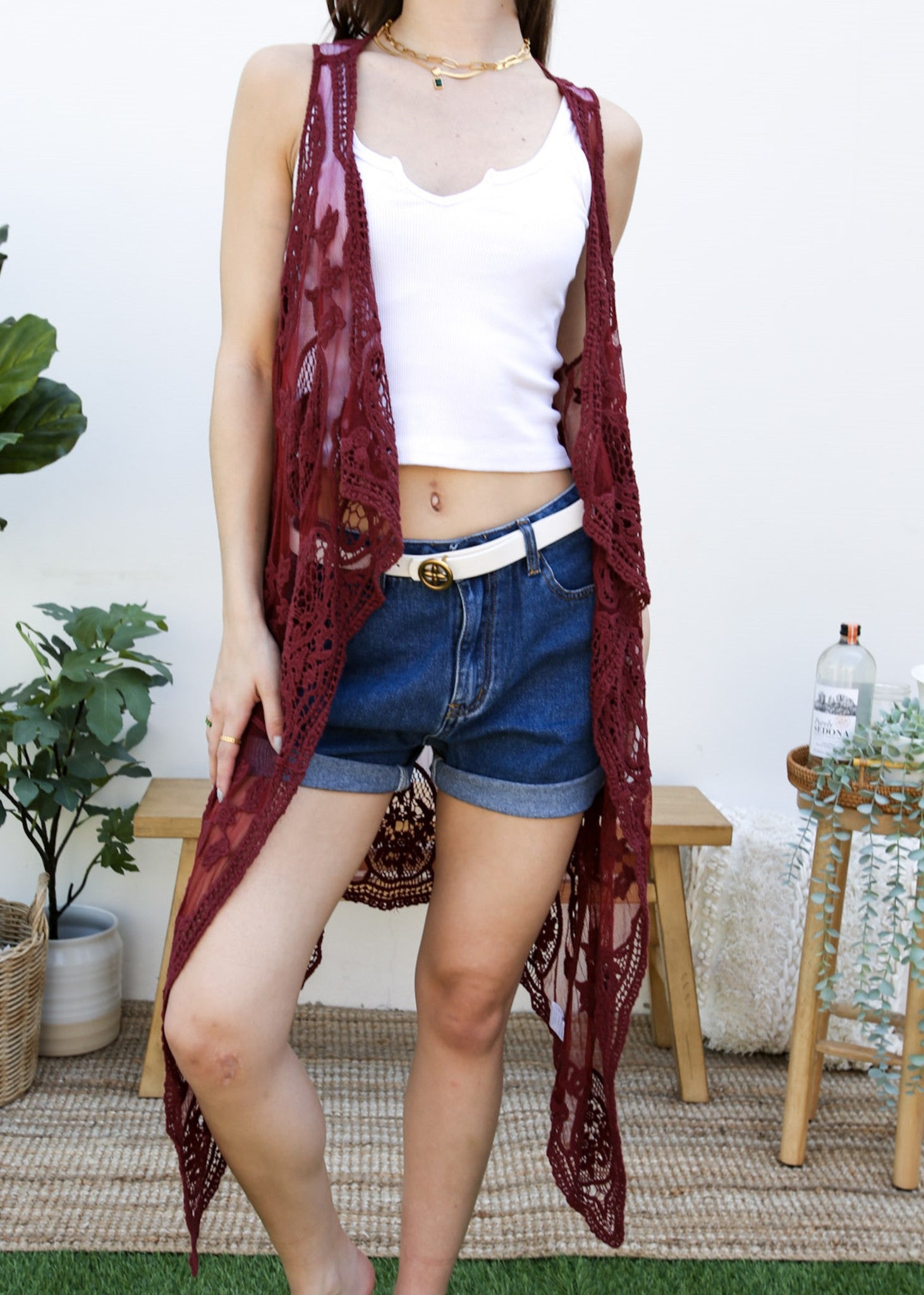 Chaleco tipo cárdigan bohemio con encaje floral 