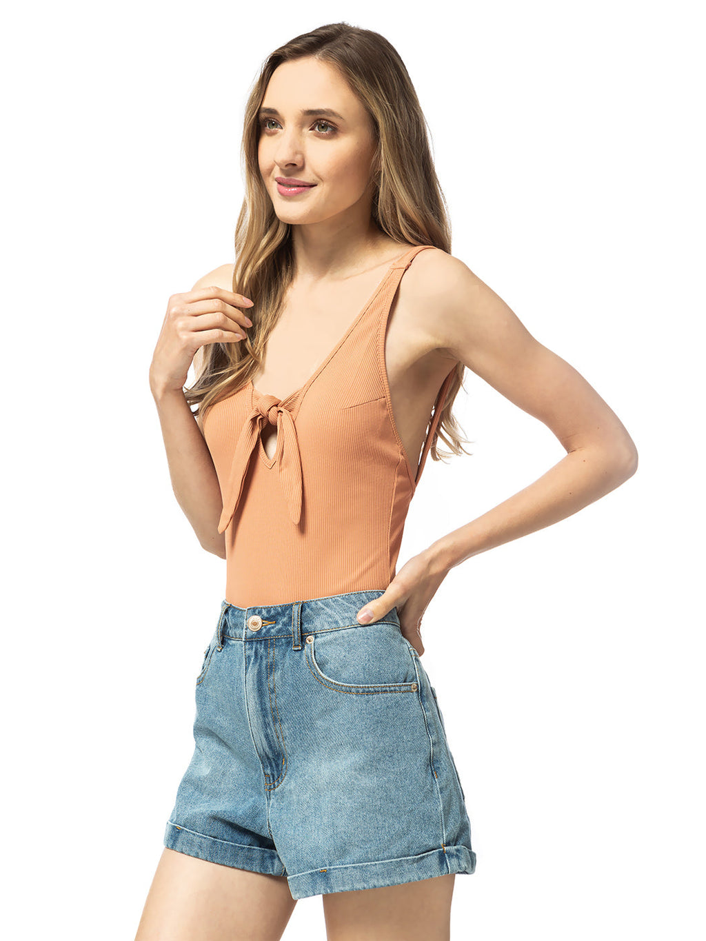 Body con escote en V y lazo a presión