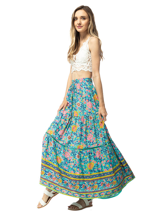 Falda larga midi con estampado de girasoles
