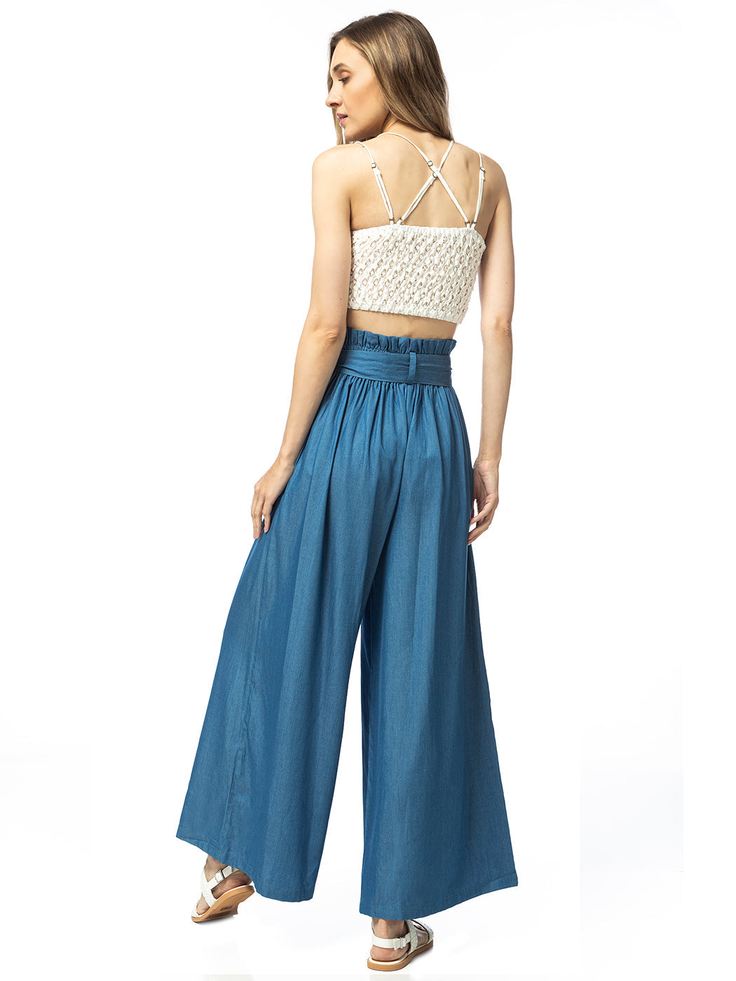 Jeans palazzo de pierna ancha con lazo de Chambray