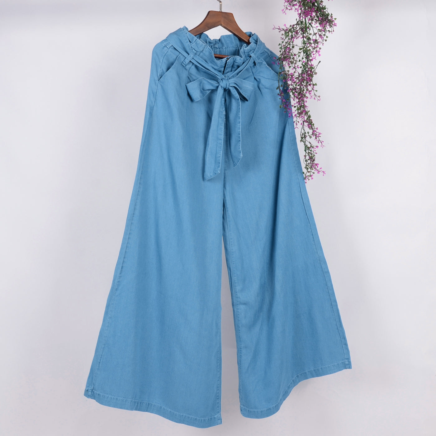 Chambray Tie Wide-Leg Palazzo Jeans