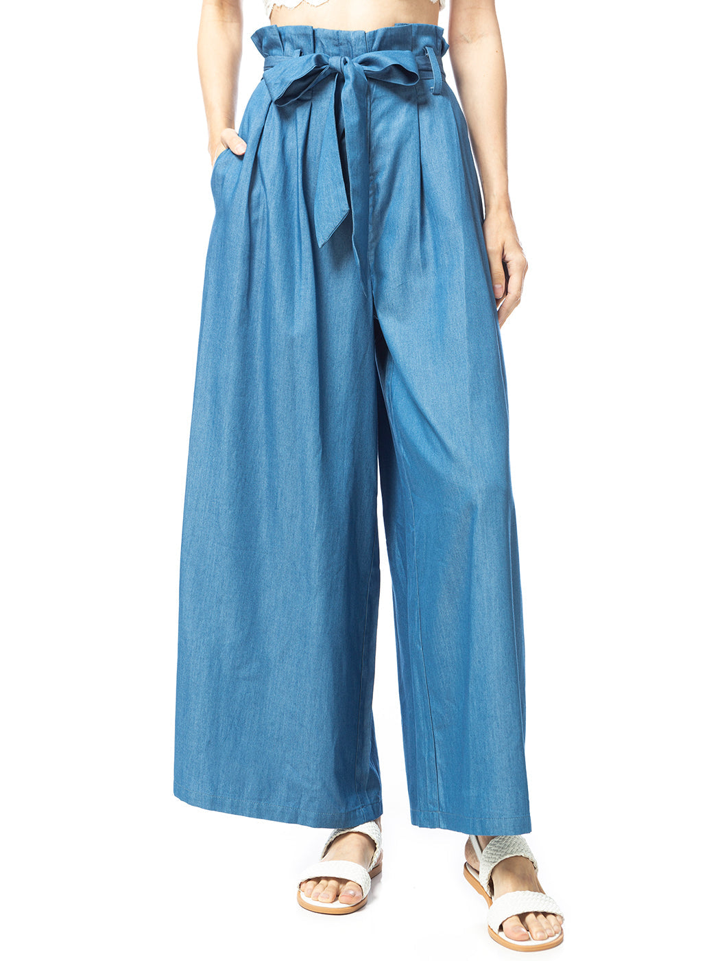 Jeans palazzo de pierna ancha con lazo de Chambray