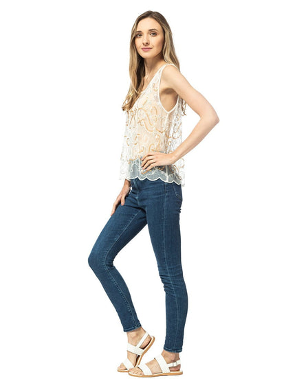 Camiseta sin mangas blanca con encaje floral