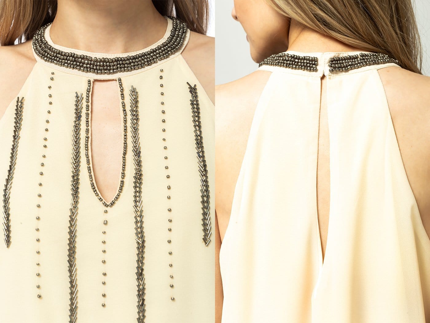 Vestido de fiesta sin mangas con cuello halter y cuentas