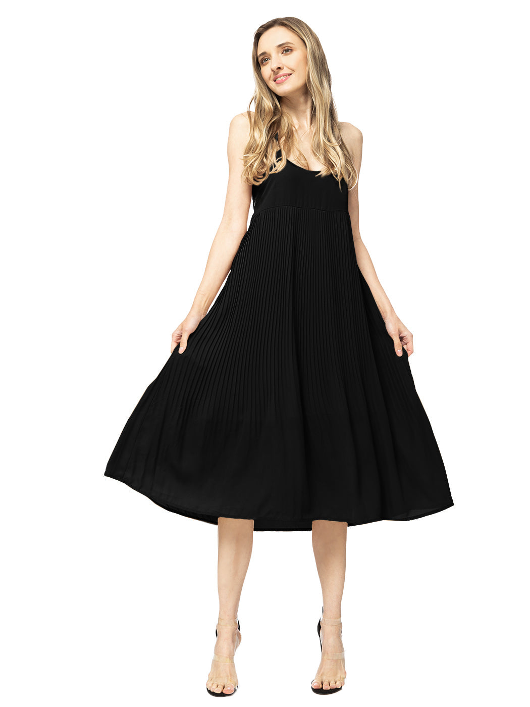 Spaghetti Strap Pleated Midi Dress