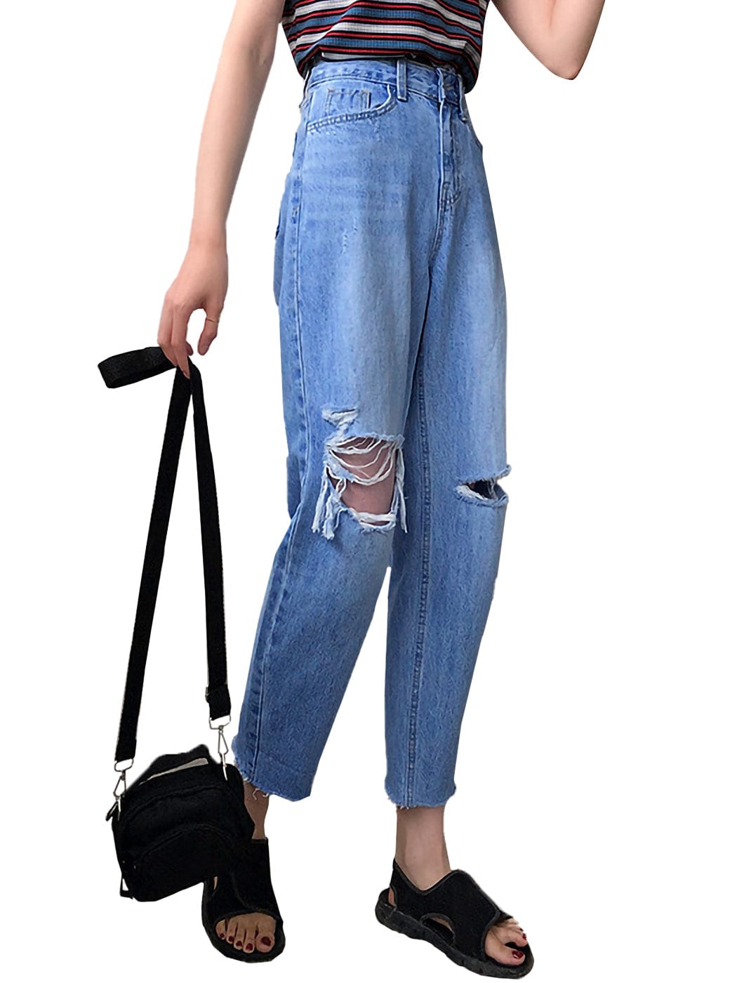 High Waist Ripped Boyfriend Jeans