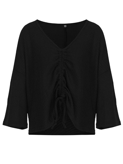 Waffle-Knit Ruched Sleeve Top