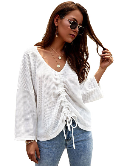 Waffle-Knit Ruched Sleeve Top