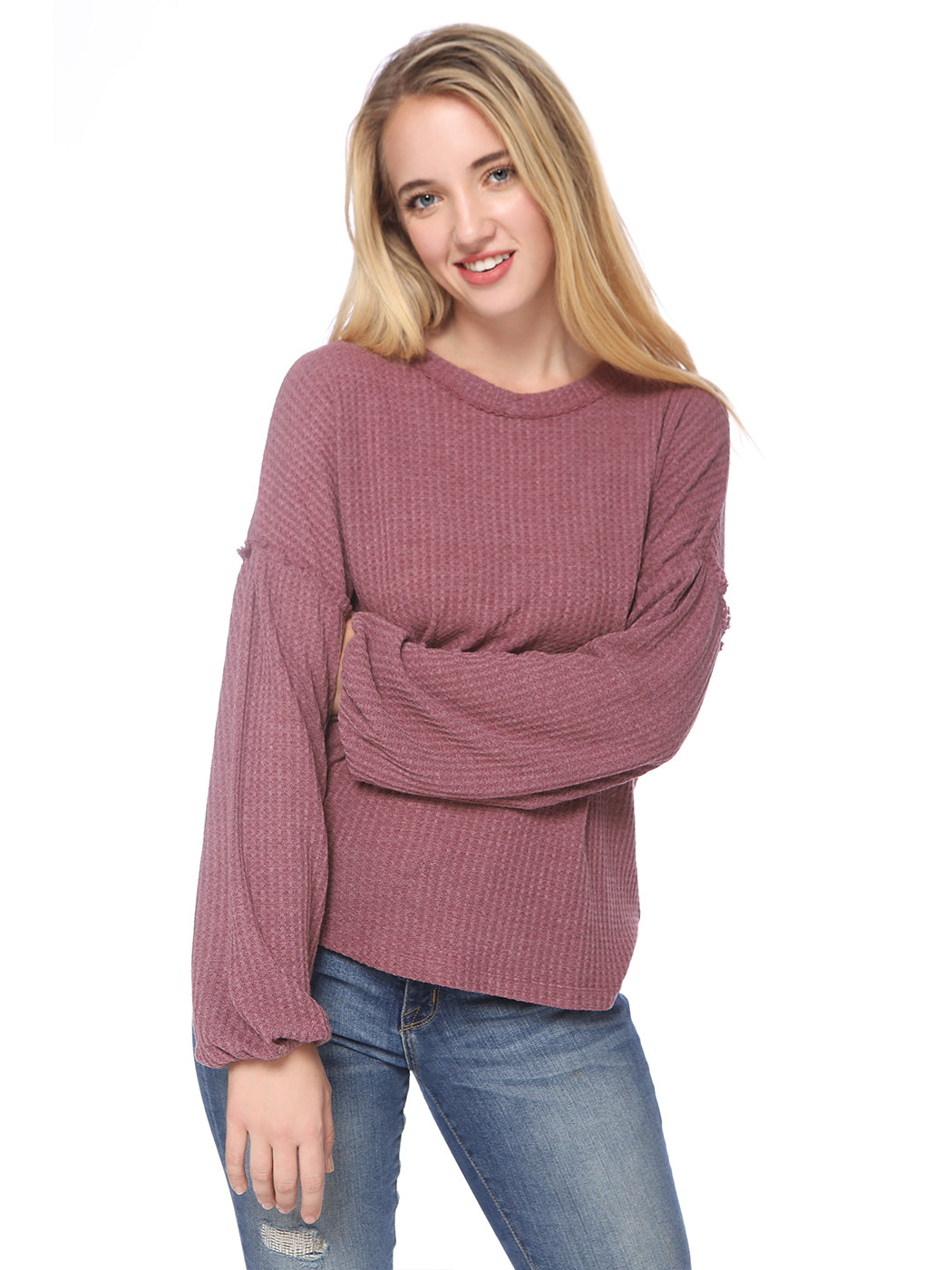 Casual Waffle Crew Neck Sleeve Sweater