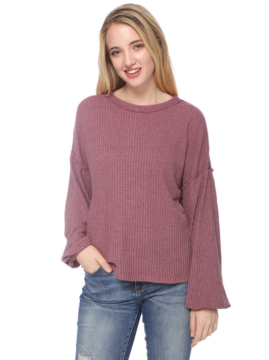 Casual Waffle Crew Neck Sleeve Sweater